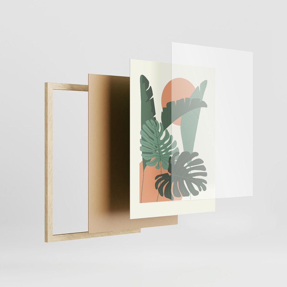 Zestaw obrazy w ramie, plakaty - liście, rośliny, abstrakcja - rama drewno