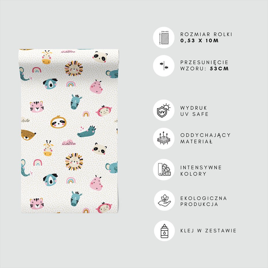 Tapeta - dziecięca, zwierzęta, tęcza, wzór