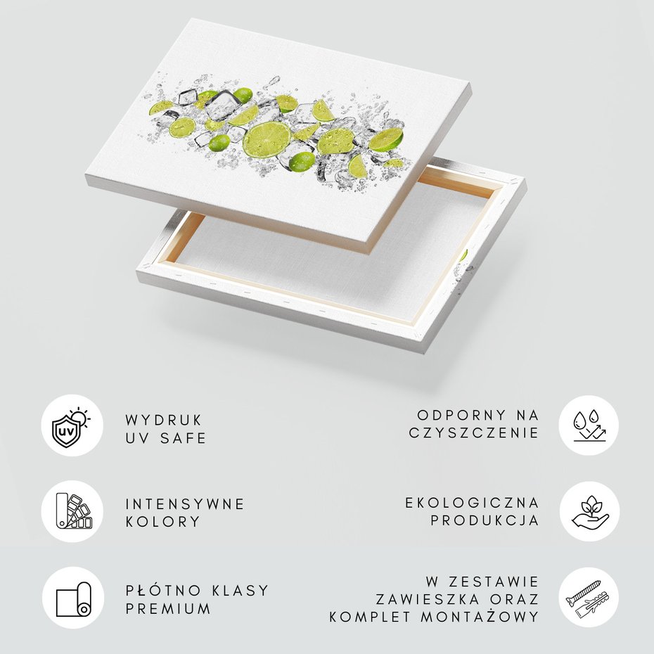 Obraz na płótnie - owoce, limonki, kostki lodu