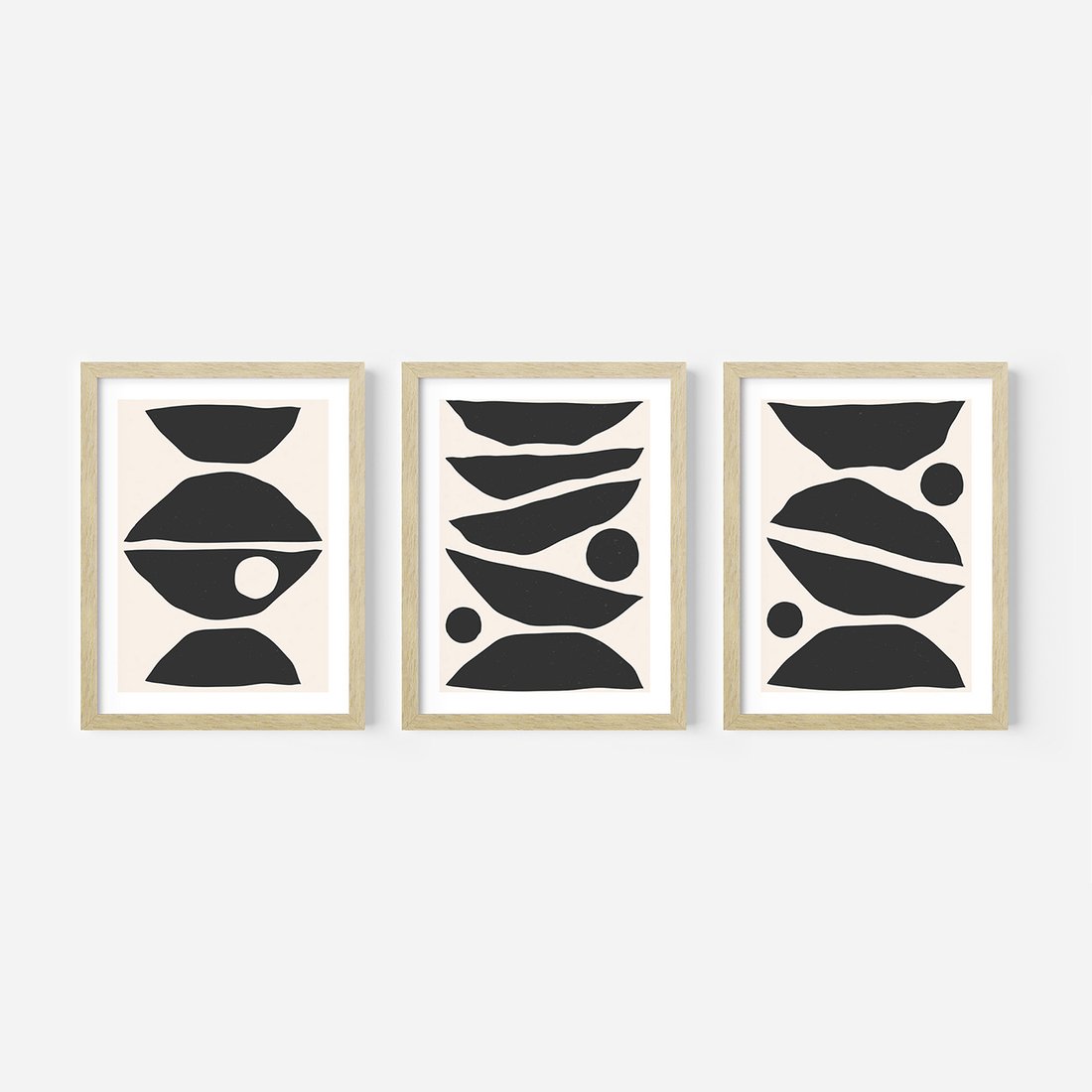 Zestaw obrazy w ramie, plakaty - abstrakcja, minimalizm, kształty - rama drewno