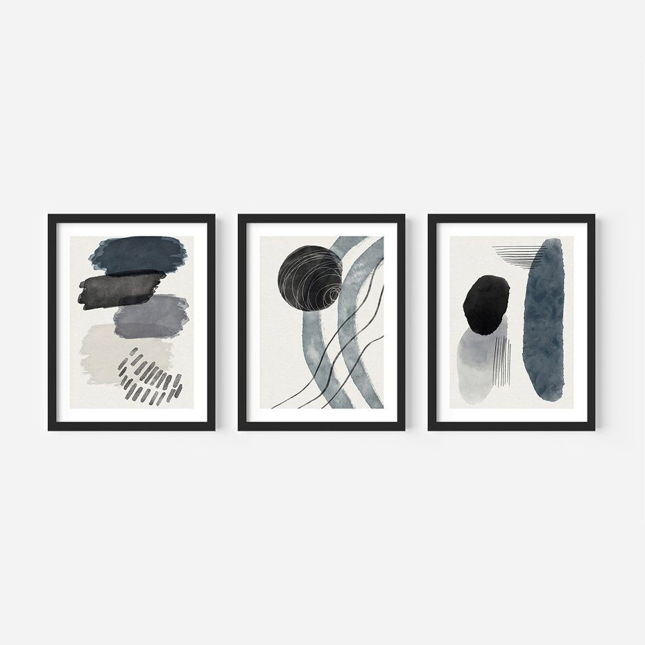 Zestaw obrazy w ramie, plakaty - abstrakcja, kształty, geometria - rama czarna