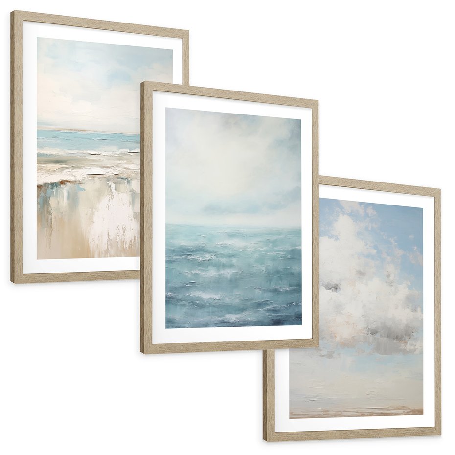 Zestaw obrazy w ramie, plakaty - morze, chmury, abstrakcja - rama drewno