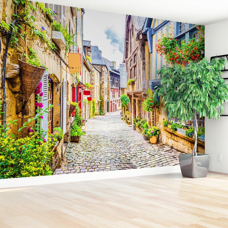 Fototapeta - uliczka, kwiaty, budynki