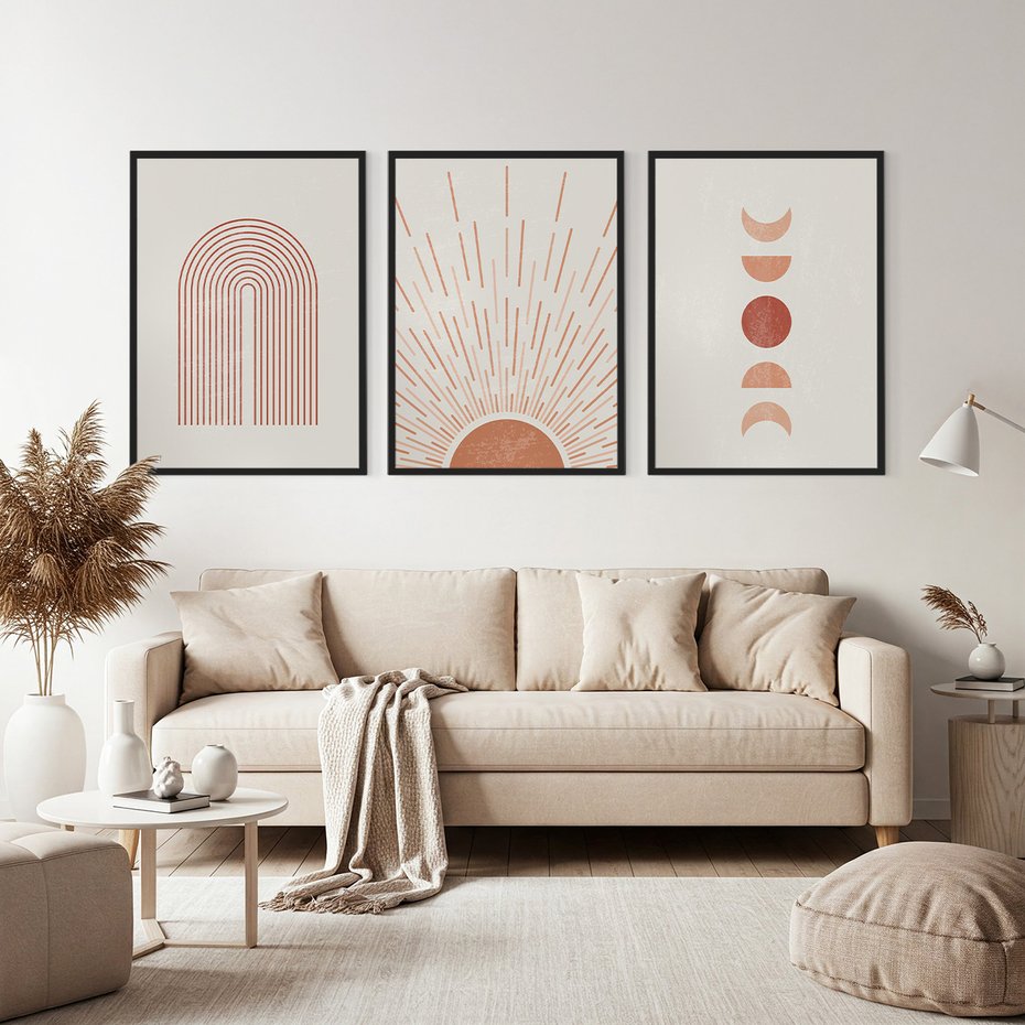 Zestaw obrazy w ramie, plakaty - abstrakcja, boho, minimalizm - rama czarna