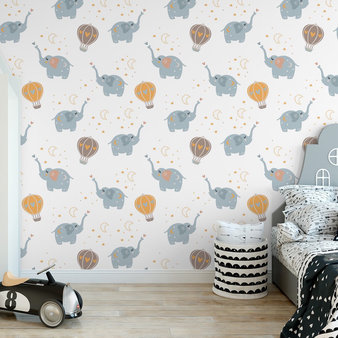 Tapeta - dziecięca, słonie, balony, gwiazdy