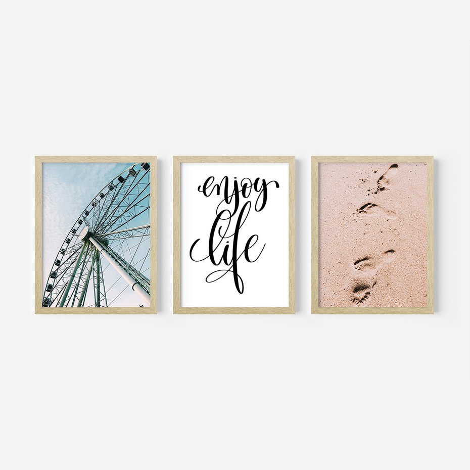 Zestaw obrazy w ramie, plakaty - wakacje, plaża, piasek - rama drewno