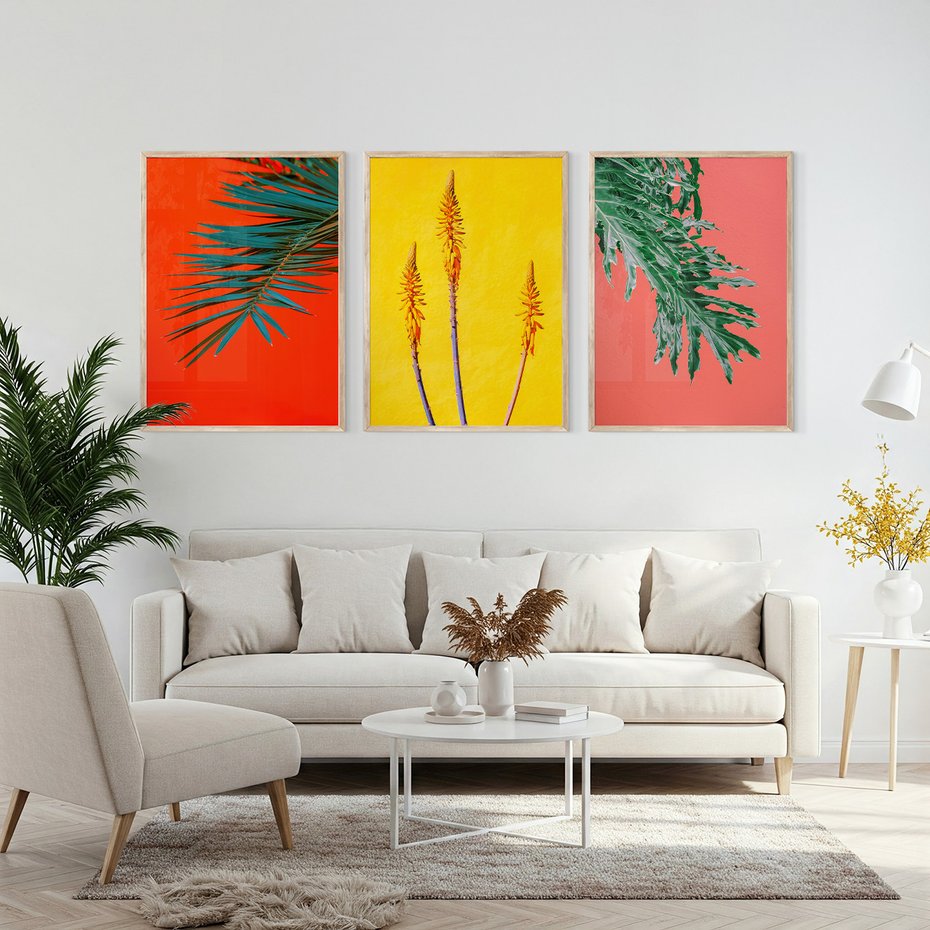 Zestaw obrazy w ramie, plakaty - liście, rośliny, kolory - rama drewno