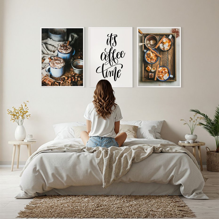 Zestaw obrazy w ramie, plakaty - kawa, kakao, napój - rama biała