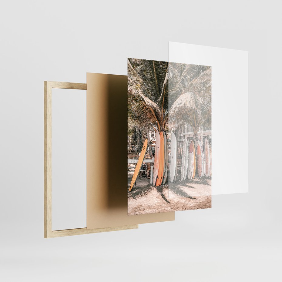 Zestaw obrazy w ramie, plakaty - palmy, deski surfingowe, plaża - rama drewno