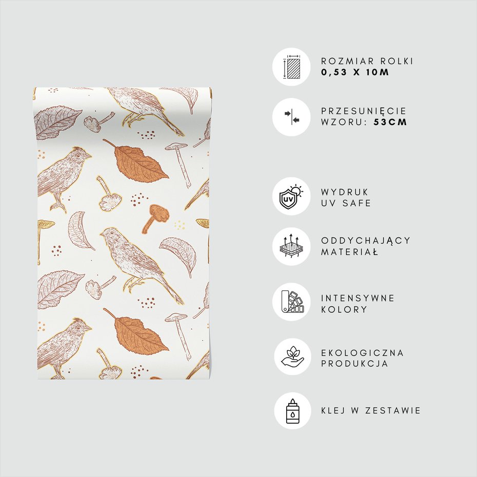 Tapeta - liście, grzyby, ptaki