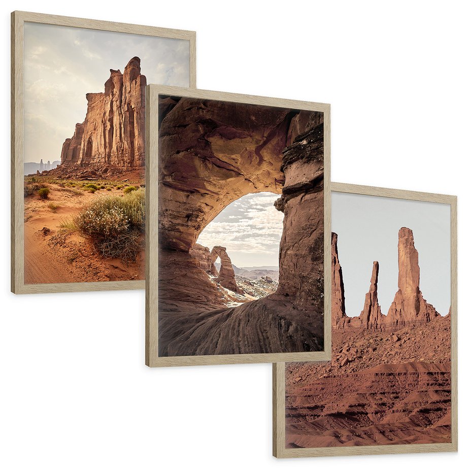 Zestaw obrazy w ramie, plakaty - skały, pustynia, erozja - rama drewno