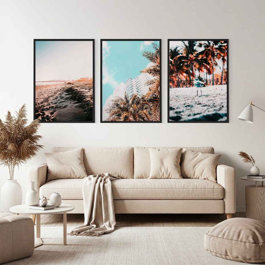 Zestaw obrazy w ramie, plakaty - plaża, palmy, budynek - rama czarna