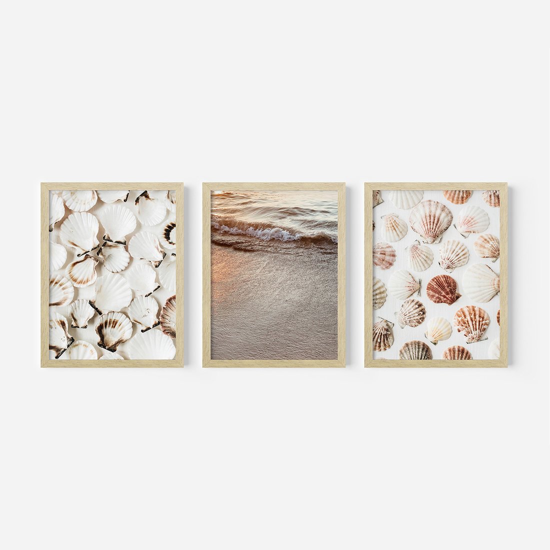Zestaw obrazy w ramie, plakaty - muszle, plaża, woda - rama drewno