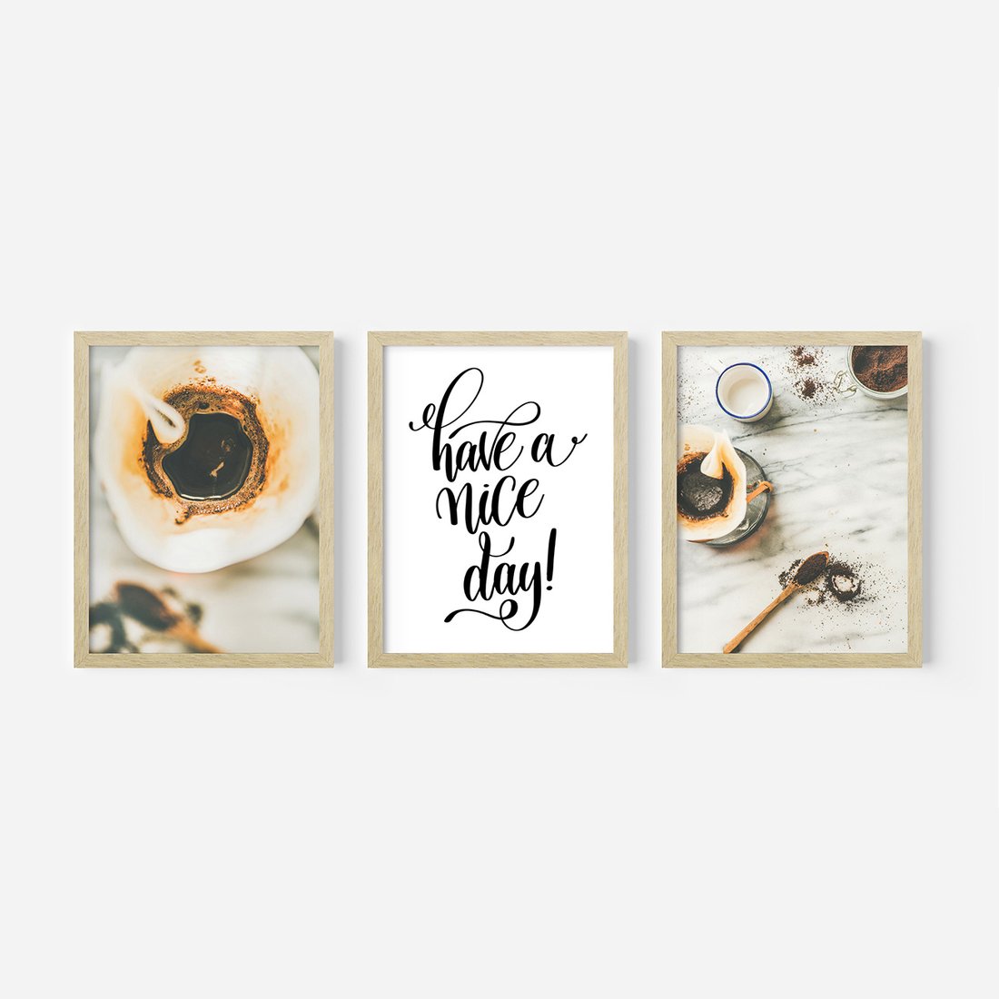 Zestaw obrazy w ramie, plakaty - kawa, napój, filiżanka - rama drewno