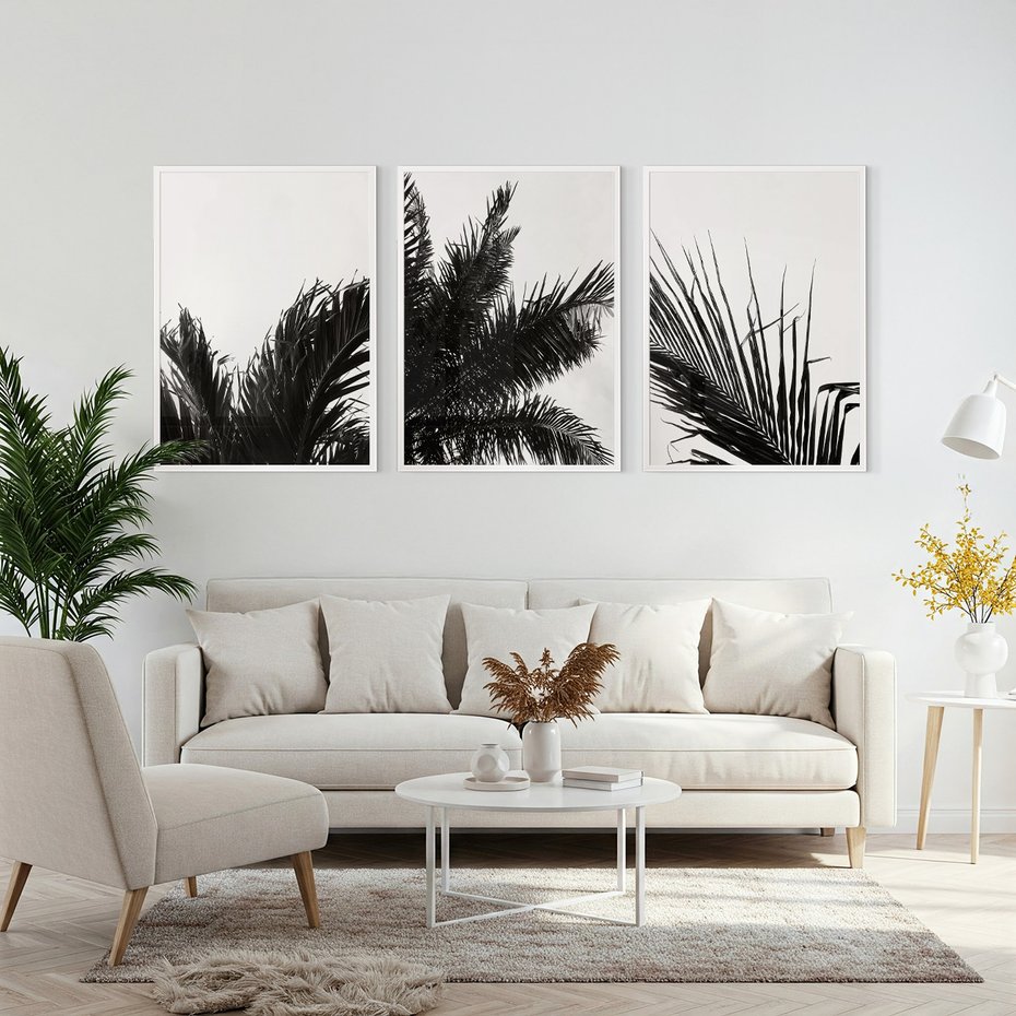 Zestaw obrazy w ramie, plakaty - palmy, liście, tropikalne - rama biała