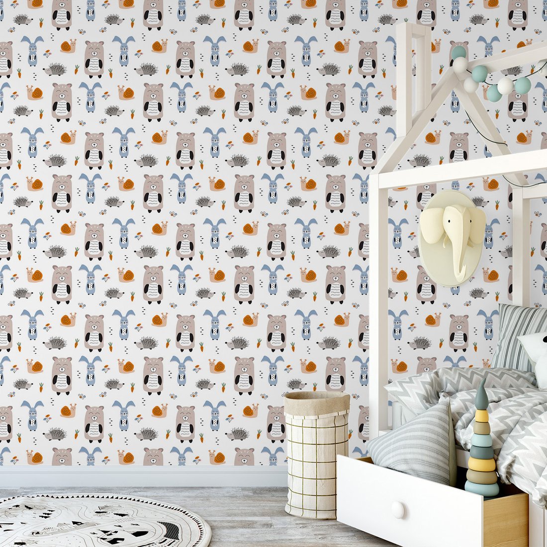 Tapeta - dziecięca, miś, królik, jeż