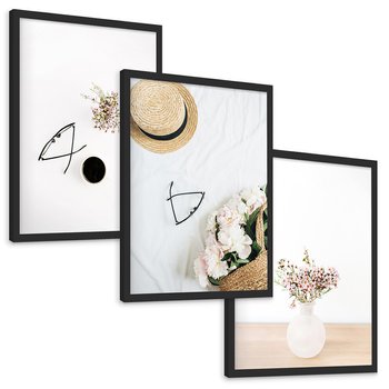 Zestaw obrazy w ramie, plakaty - kwiaty, okulary, kompozycja - rama czarna