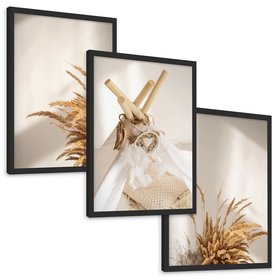 Zestaw obrazy w ramie, plakaty - trawa, dekoracja, pióra - rama czarna