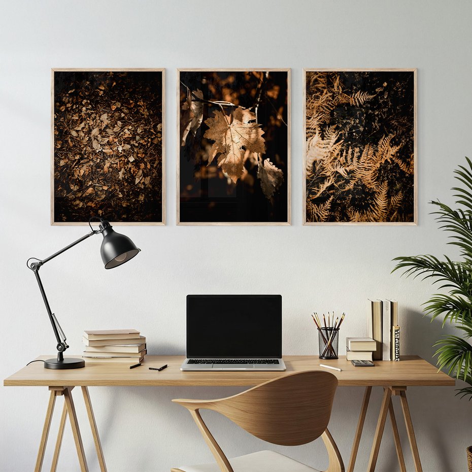 Zestaw obrazy w ramie, plakaty - liście, jesień, brązowy - rama drewno
