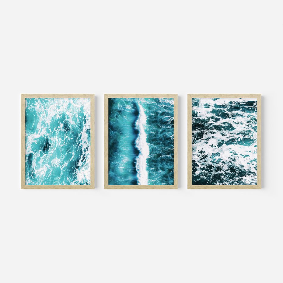 Zestaw obrazy w ramie, plakaty - woda, fale, turkusowy - rama drewno