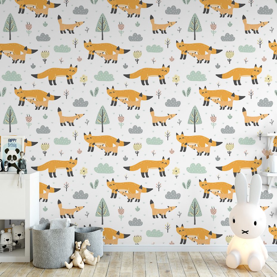 Tapeta - dziecięca, lisy, chmury, drzewa
