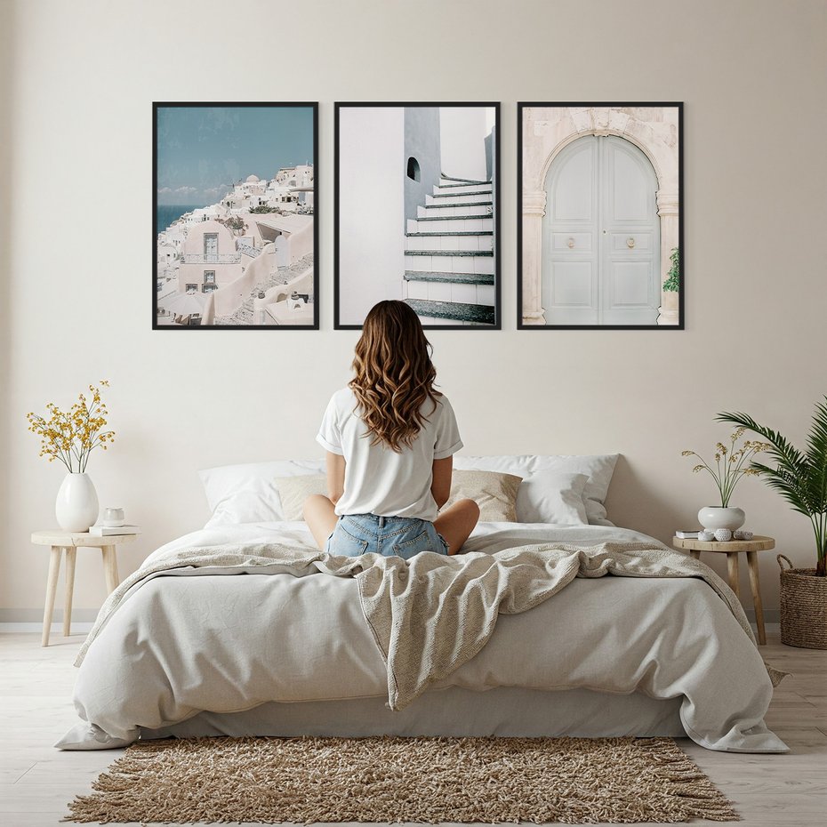 Zestaw obrazy w ramie, plakaty - architektura, pastelowe, śródziemnomorskie - rama czarna