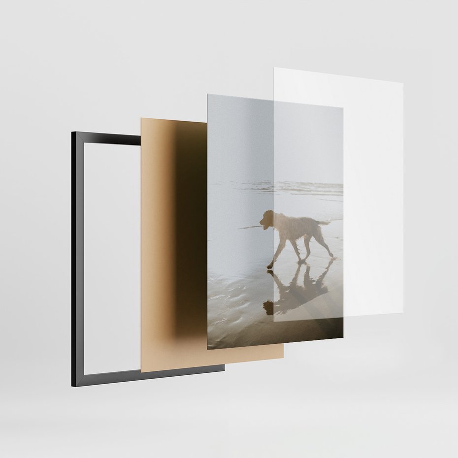 Zestaw obrazy w ramie, plakaty - plaża, morze, pies - rama czarna