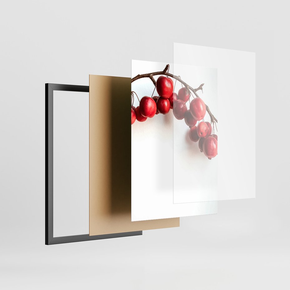 Zestaw obrazy w ramie, plakaty - owoce, kawa, gałązka - rama czarna