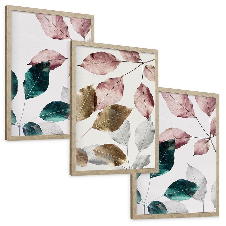 Zestaw obrazy w ramie, plakaty - liście, pastelowe, botaniczne - rama drewno