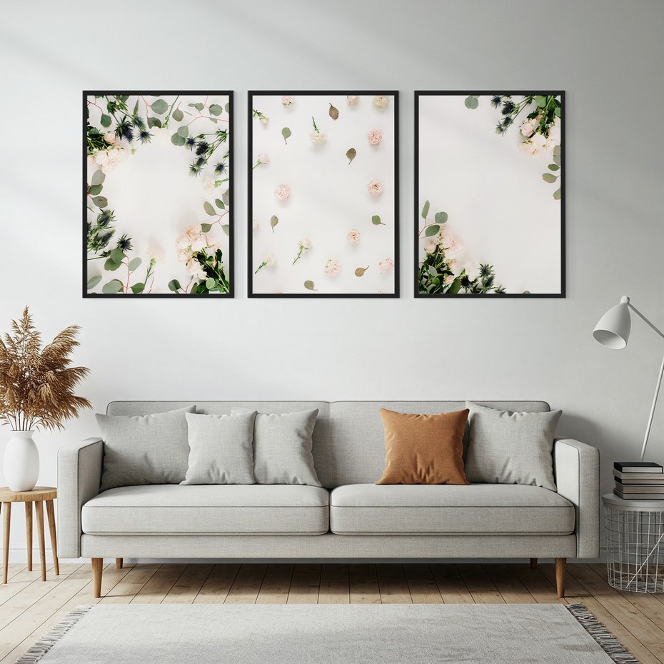 Zestaw obrazy w ramie, plakaty - kwiaty, liście, eukaliptus - rama czarna
