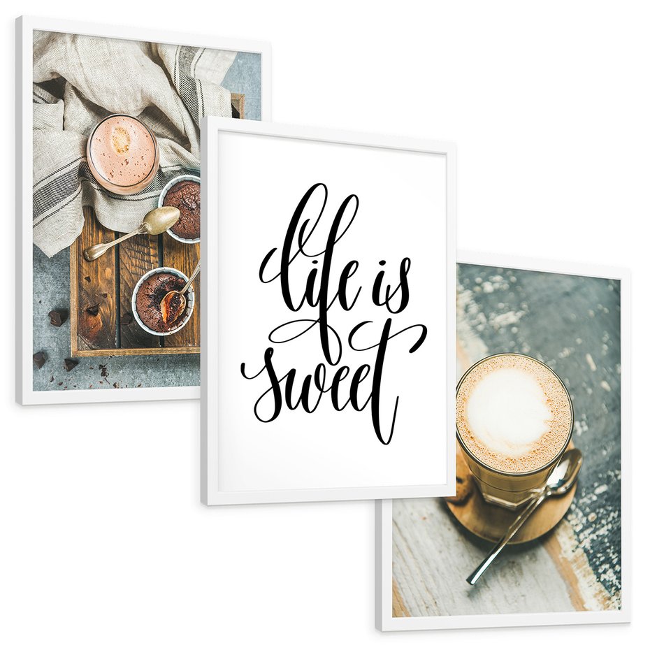 Zestaw obrazy w ramie, plakaty - kawa, deser, napój - rama biała