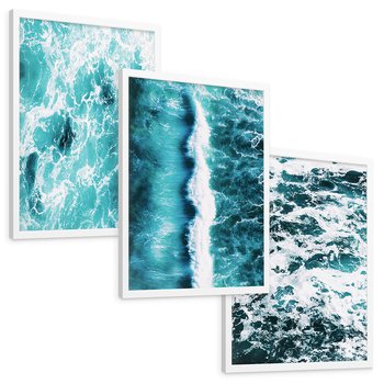 Zestaw obrazy w ramie, plakaty - woda, fale, turkusowy - rama biała