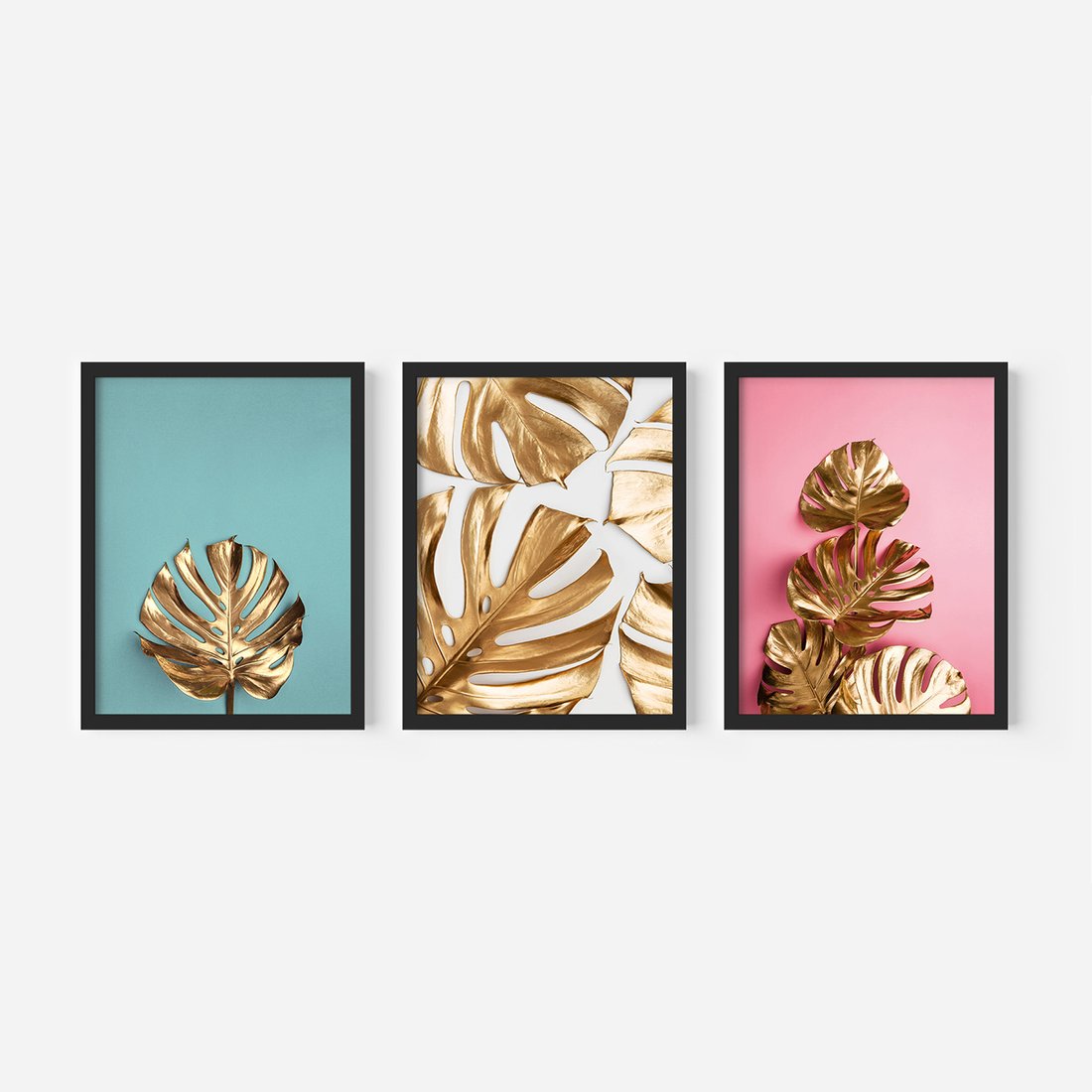 Zestaw obrazy w ramie, plakaty - liście, złoty, monstera - rama czarna