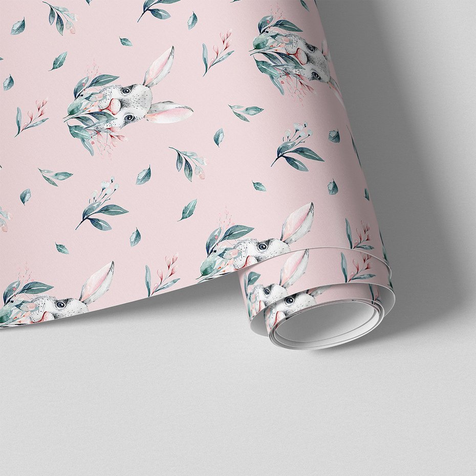 Tapeta - królik, liście, kwiaty