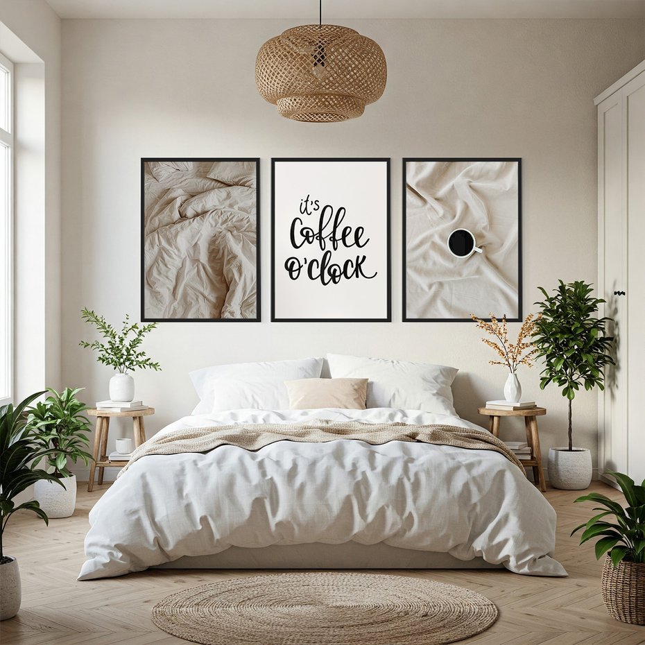 Zestaw obrazy w ramie, plakaty - pościel, kawa, relaks - rama czarna