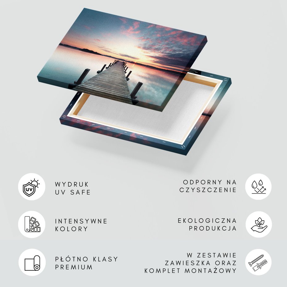 Obraz na płótnie - pomost, jezioro, zachód słońca