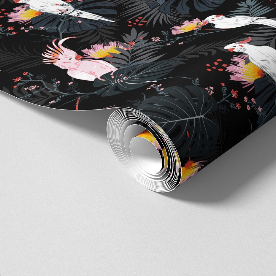 Tapeta - liście, papugi, kwiaty