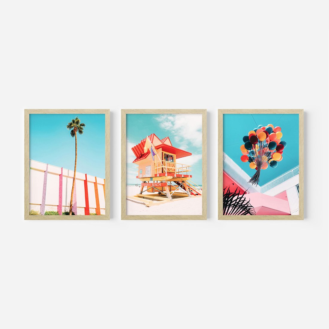 Zestaw obrazy w ramie, plakaty - plaża,palma,budynek - rama drewno