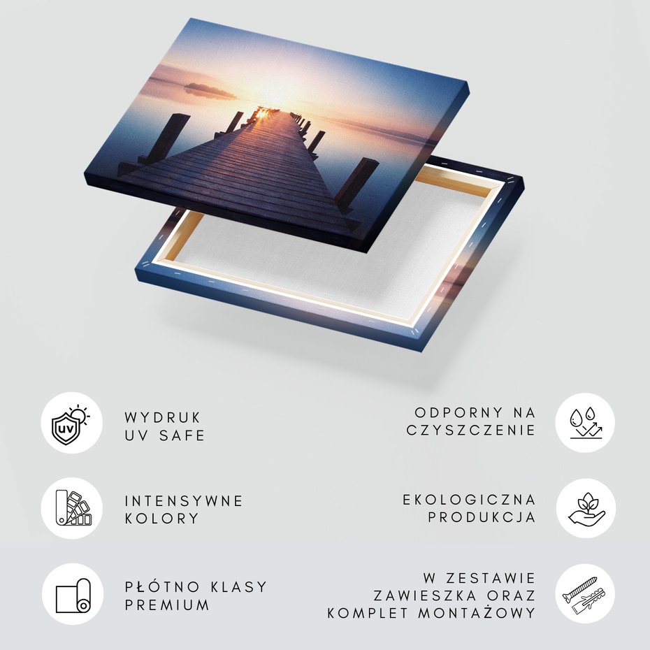 Obraz na płótnie - jezioro, most, zachód słońca