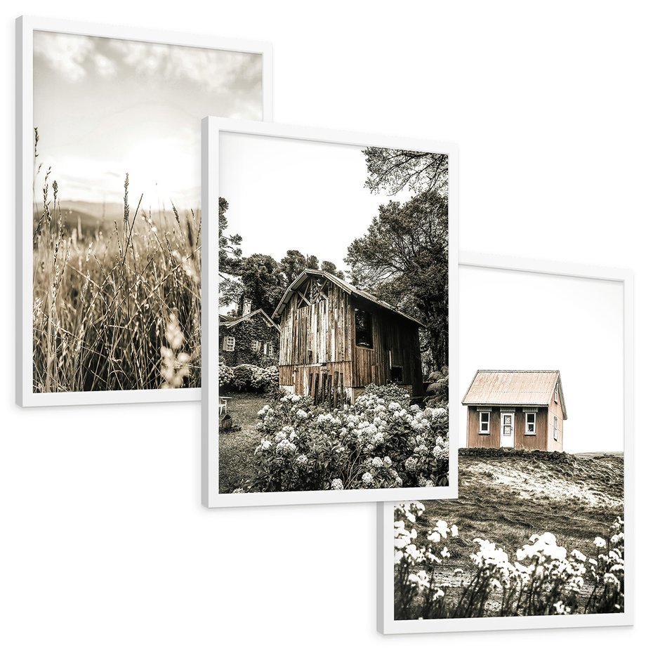 Zestaw obrazy w ramie, plakaty - wieś, natura, budynki - rama biała