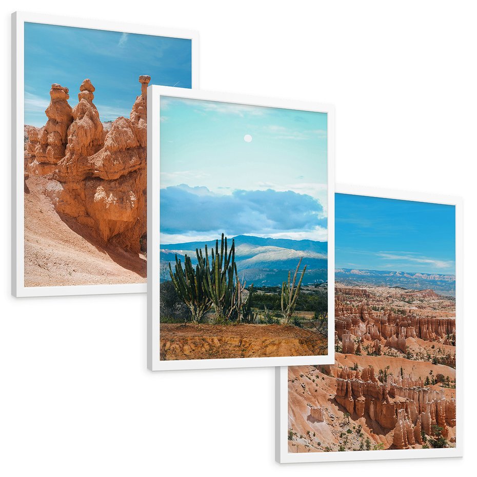 Zestaw obrazy w ramie, plakaty - formacje skalne, kanion, kaktusy - rama biała
