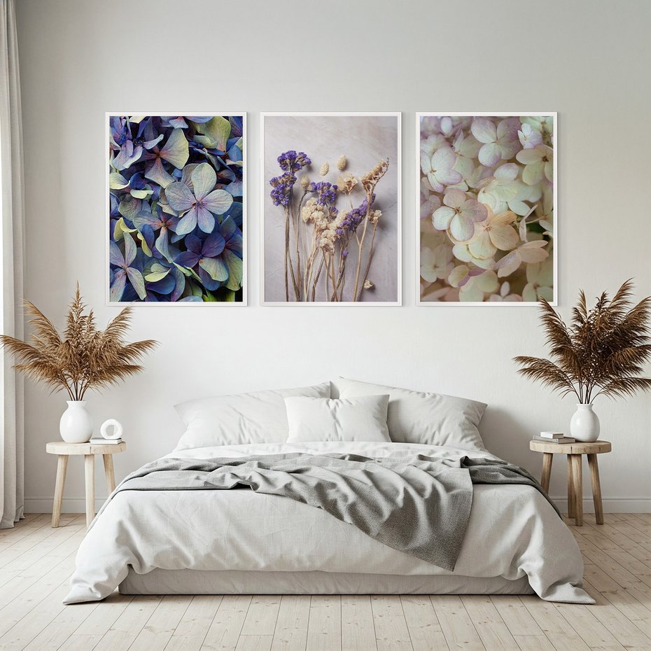 Zestaw obrazy w ramie, plakaty - kwiaty, hortensje, suszone kwiaty - rama biała