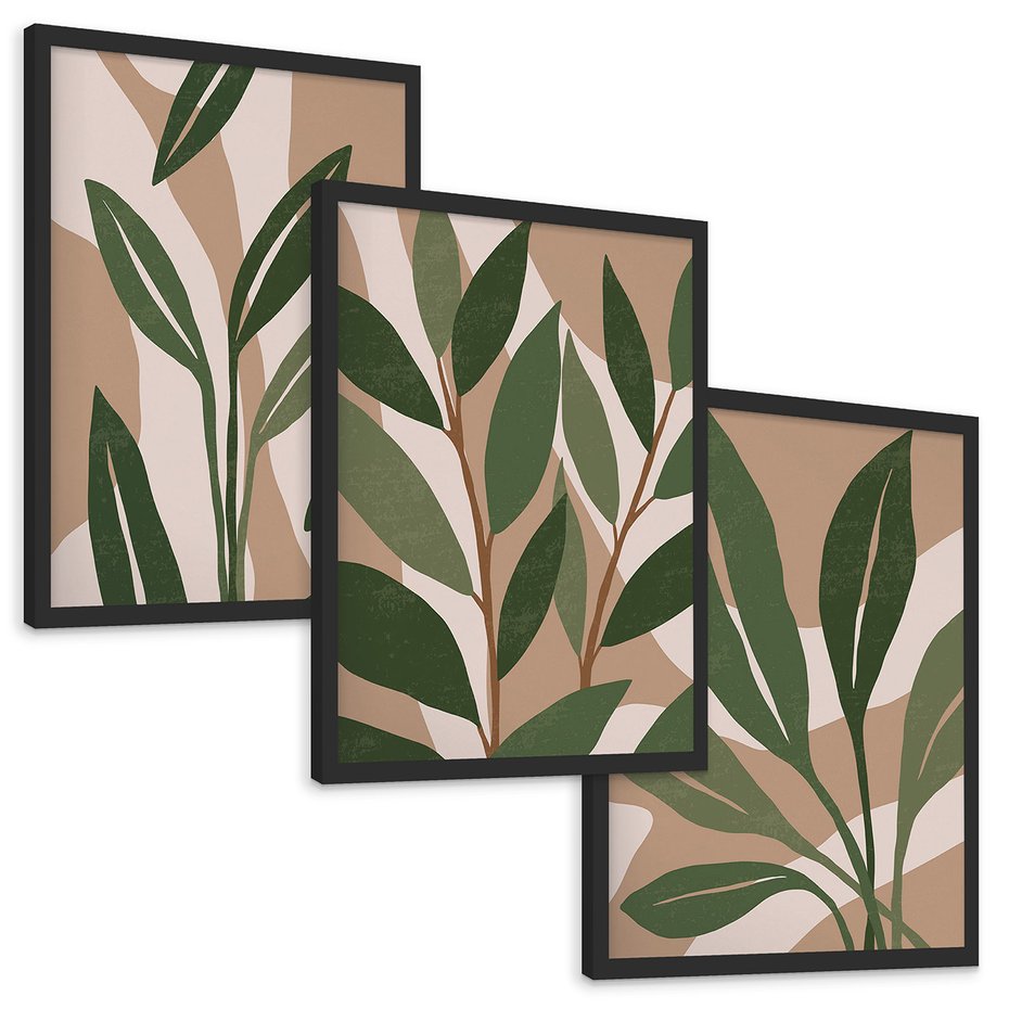 Zestaw obrazy w ramie, plakaty - liście, rośliny, abstrakcja - rama czarna