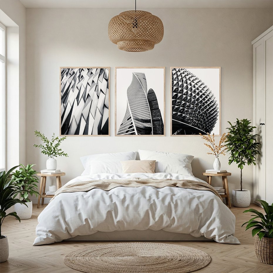 Zestaw obrazy w ramie, plakaty - architektura, budynki, nowoczesność - rama drewno