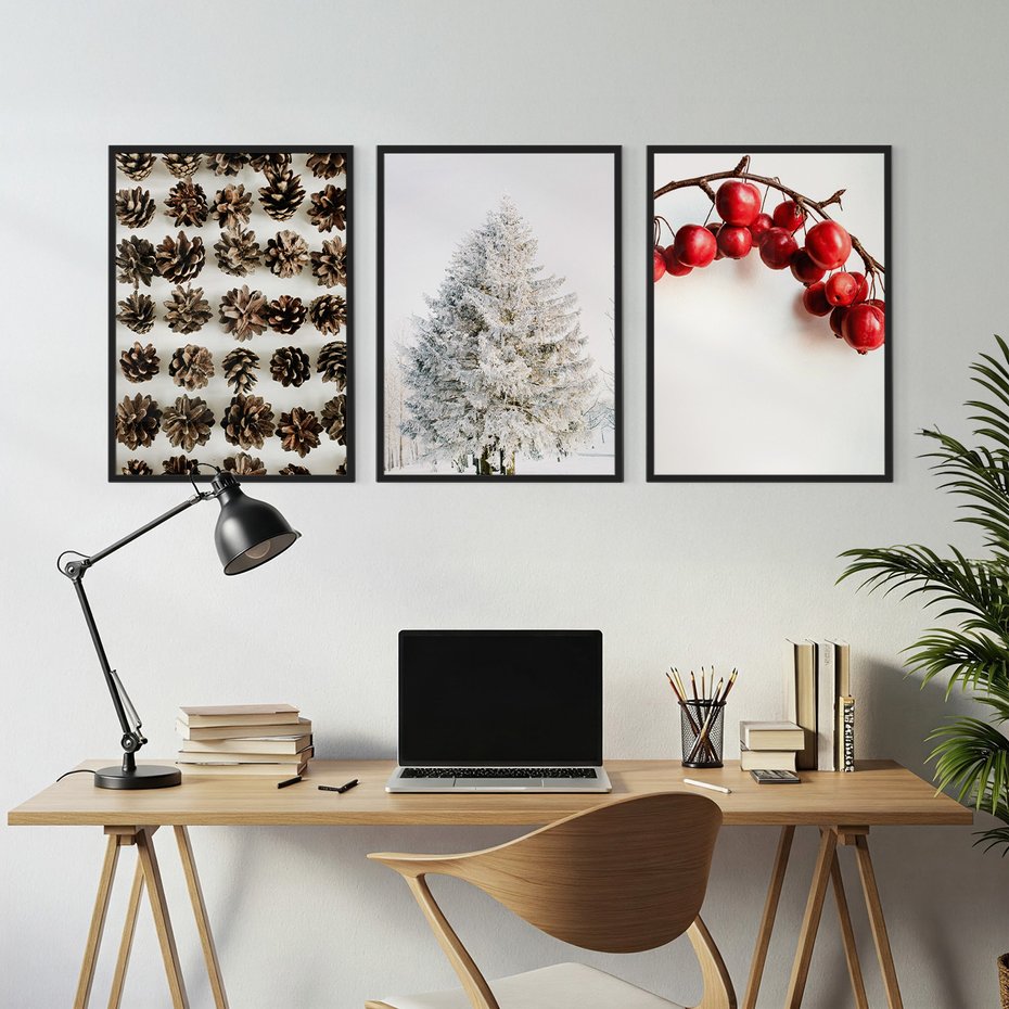 Zestaw obrazy w ramie, plakaty - szyszki, jabłka, zima - rama czarna