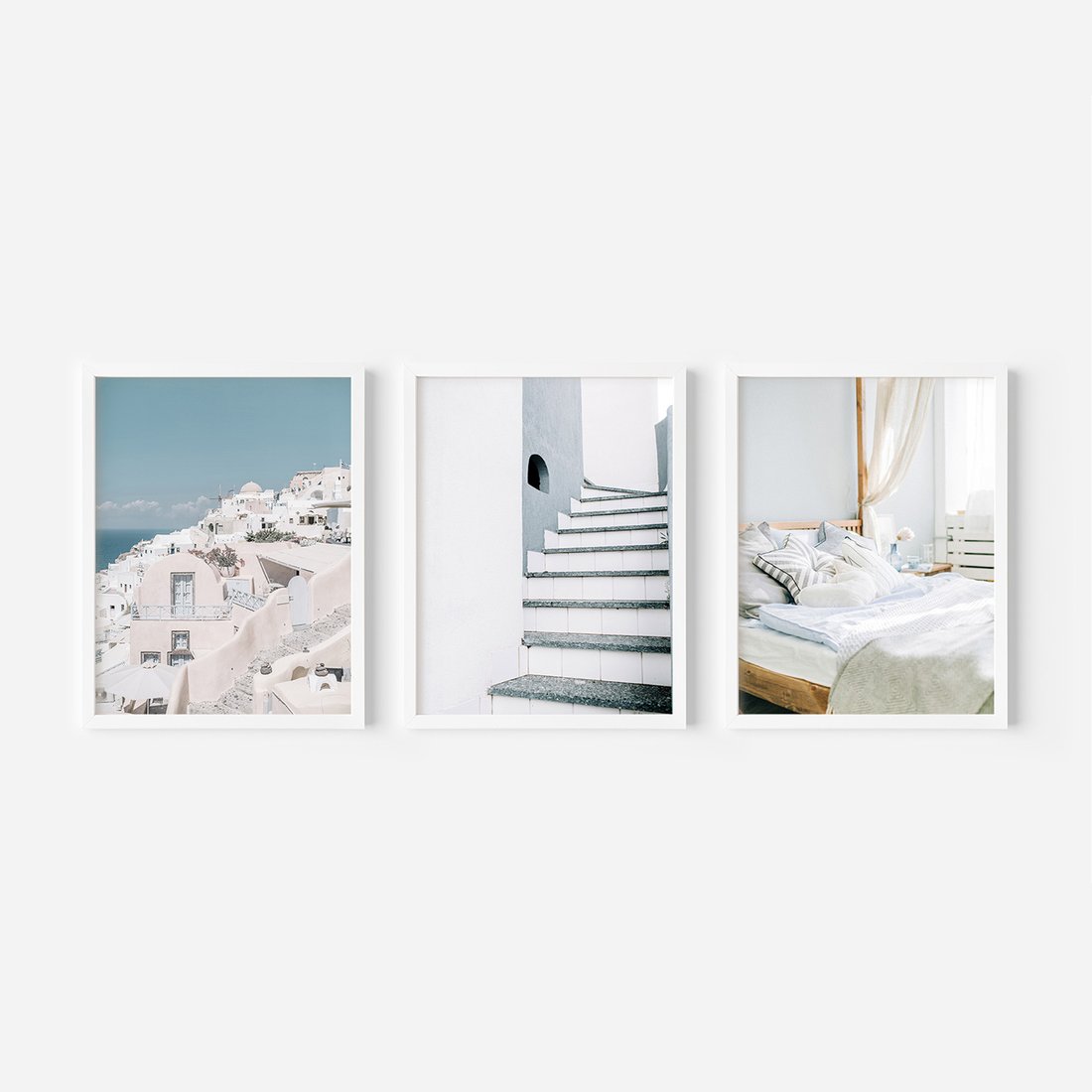 Zestaw obrazy w ramie, plakaty - budynki,schody,łóżko - rama biała