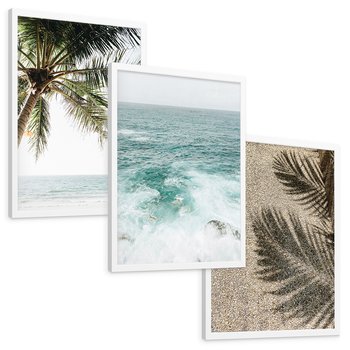 Zestaw obrazy w ramie, plakaty - palma, morze, cień - rama biała