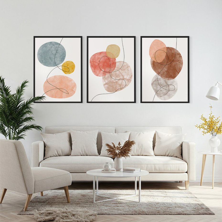 Zestaw obrazy w ramie, plakaty - abstrakcja,akwarele,linie - rama czarna