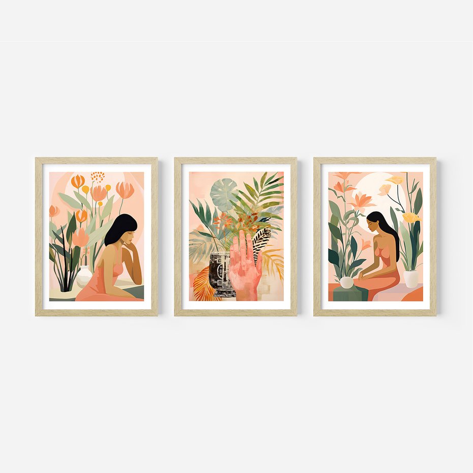 Zestaw obrazy w ramie, plakaty - kobieta, kwiaty, liście - rama drewno