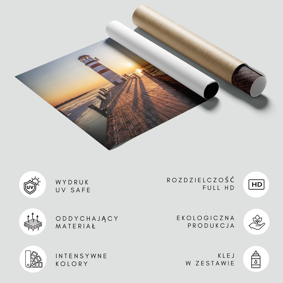 Fototapeta - latarnia morska, molo, zachód słońca